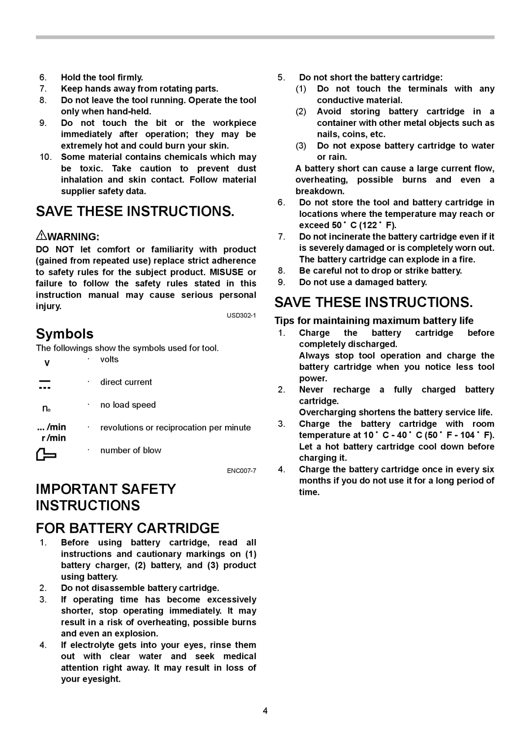 Makita LXPH02, LXPH01 Important Safety Instructions For Battery Cartridge, Tips for maintaining maximum battery life 