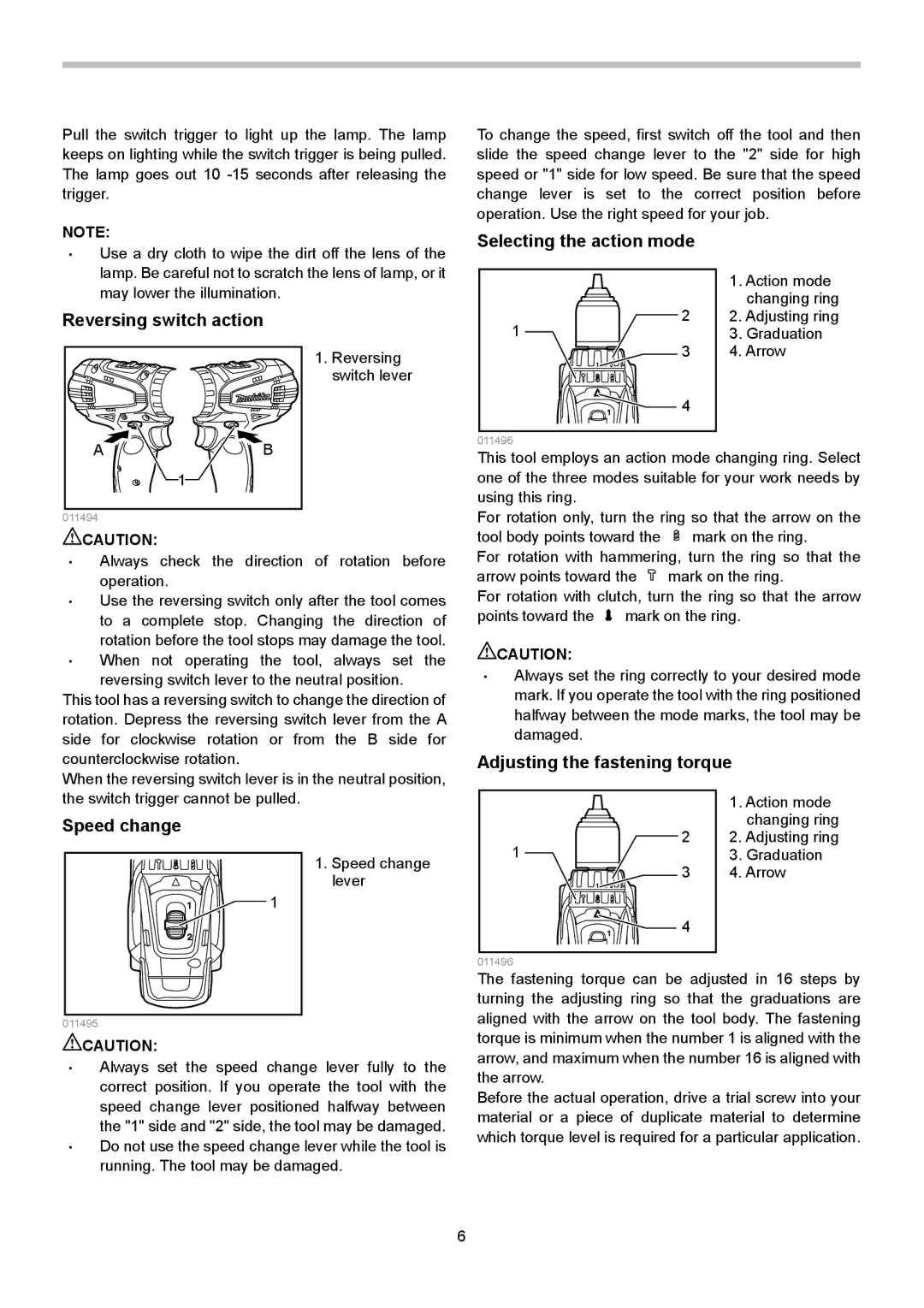 Makita LXPH02, LXPH01 Selecting the action mode, Reversing switch action, Adjusting the fastening torque, Speed change 