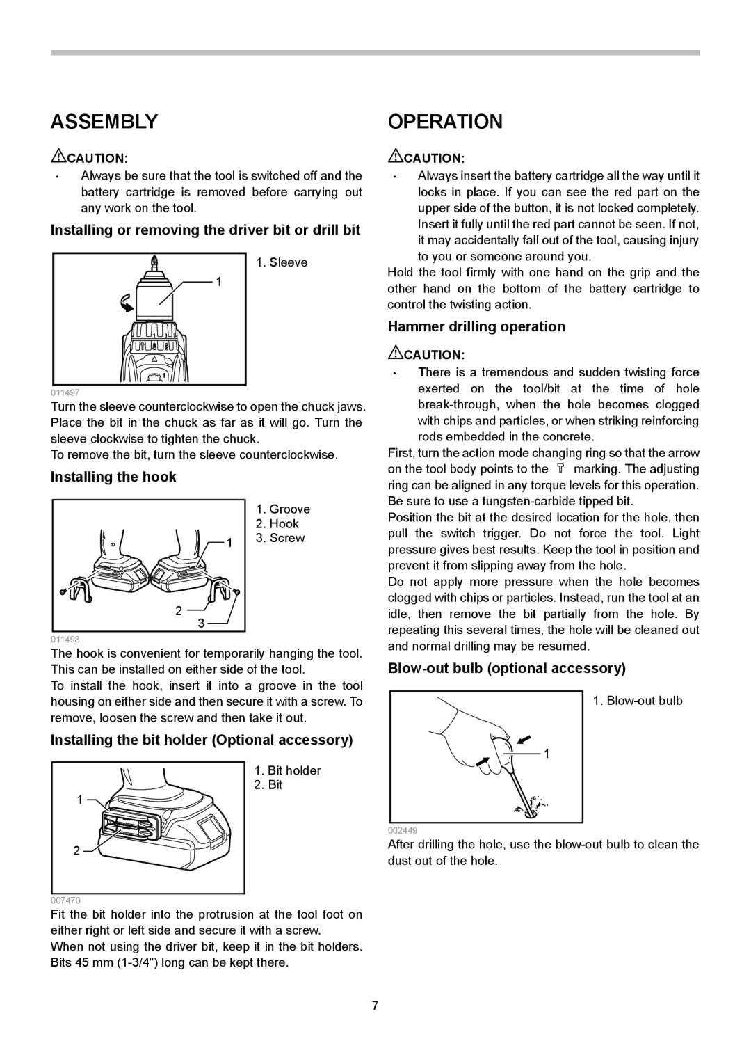 Makita LXPH01, LXPH02 instruction manual Assembly, Operation, Hammer drilling operation, Installing the hook 