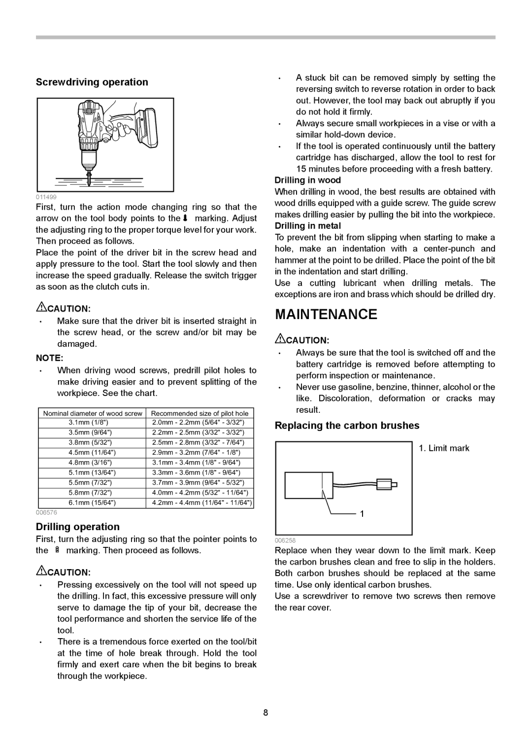 Makita LXPH02, LXPH01 Maintenance, Screwdriving operation, Replacing the carbon brushes, Drilling operation 