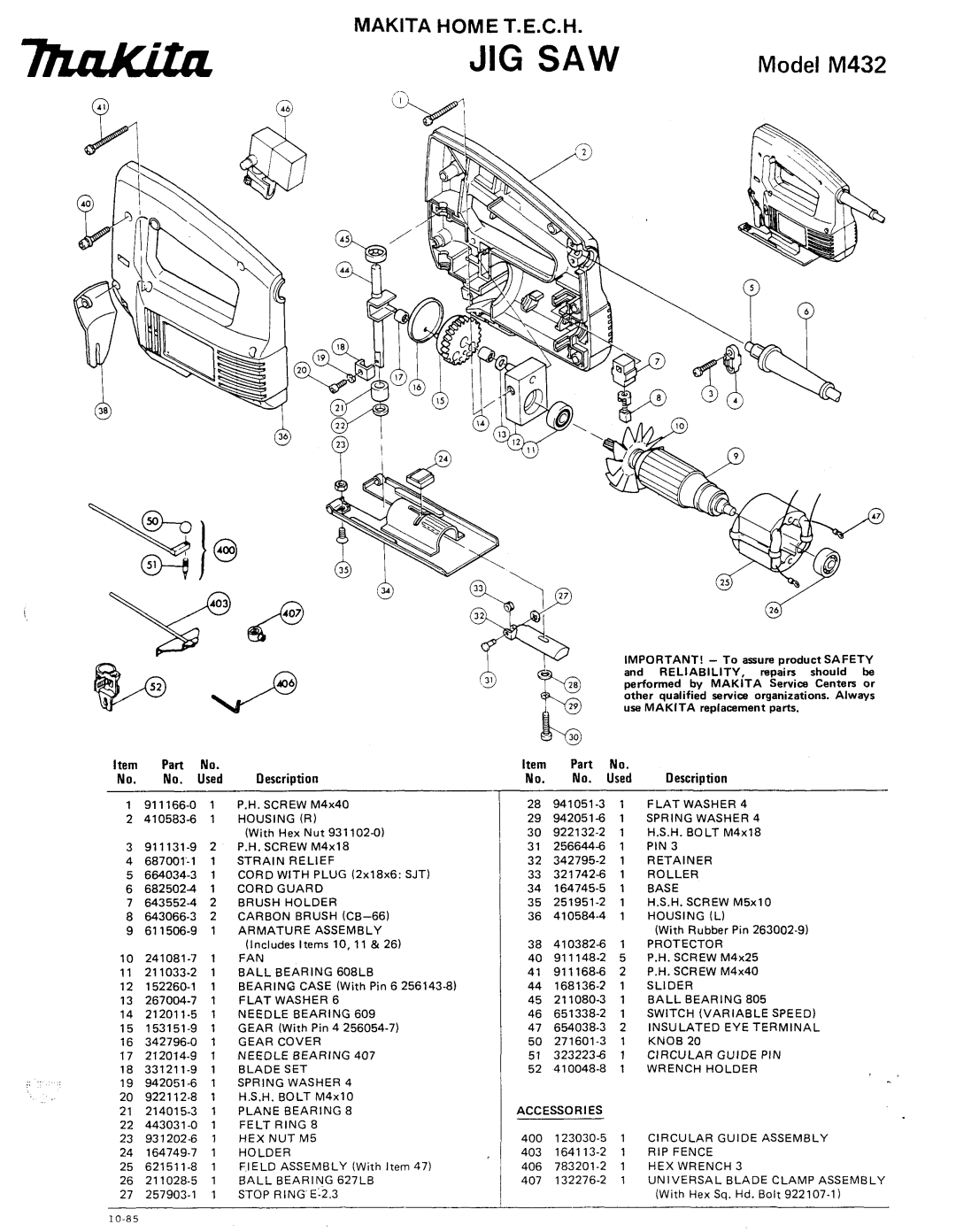 Makita manual Jig Saw, Model M432, Description, No. Used 