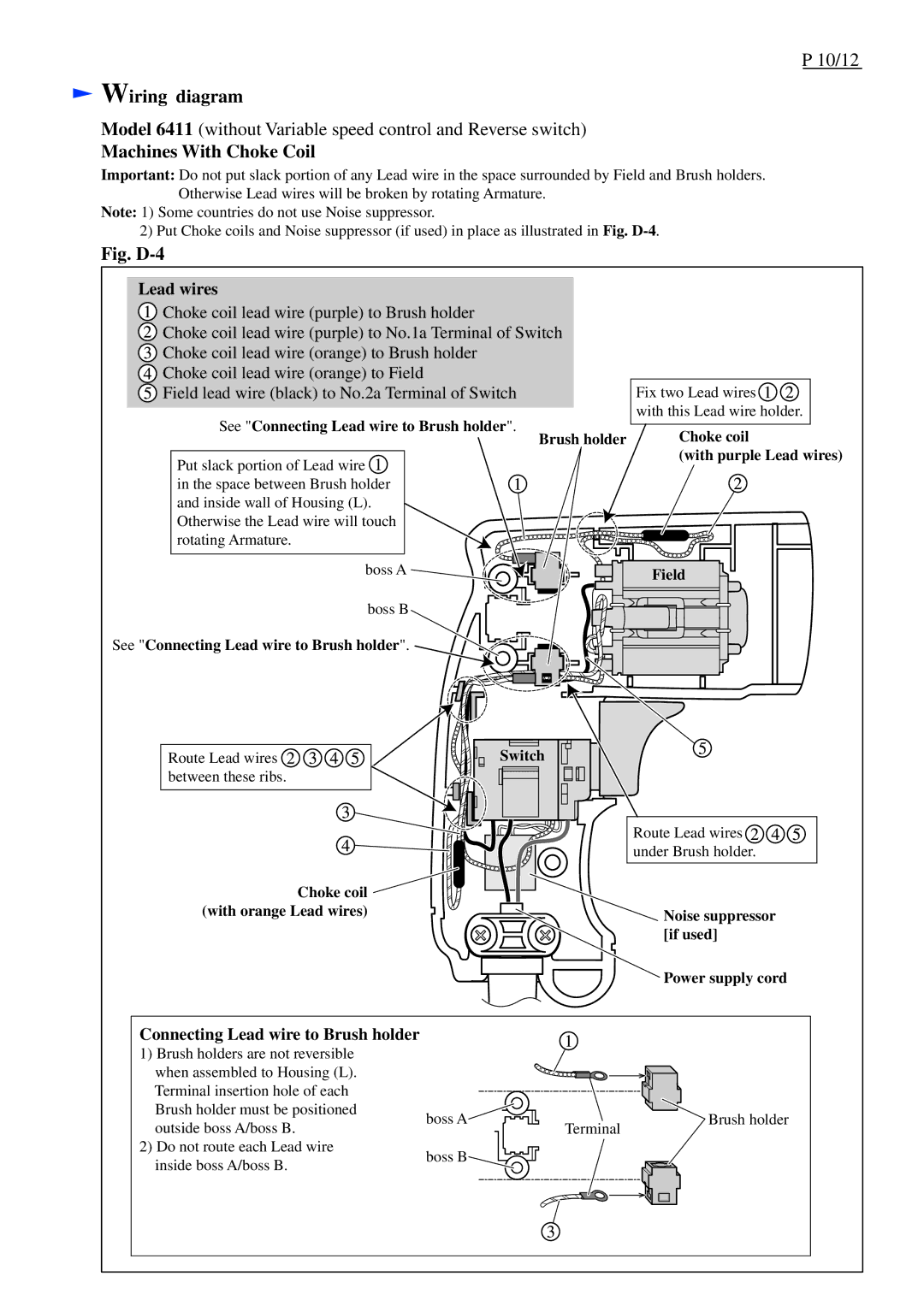 Makita 6413, M611, 6412, 6411 specifications Fig. D-4, Choke coil With purple Lead wires 