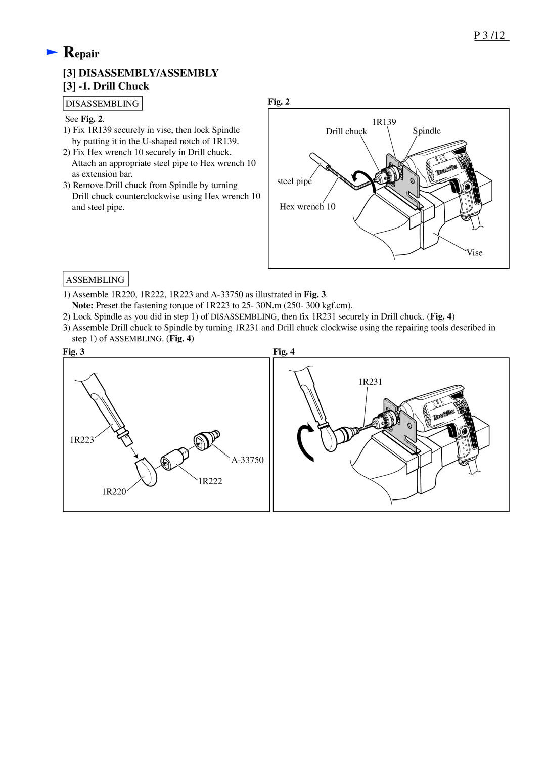 Makita 6411, M611, 6412, 6413 specifications Drill Chuck, See Fig 