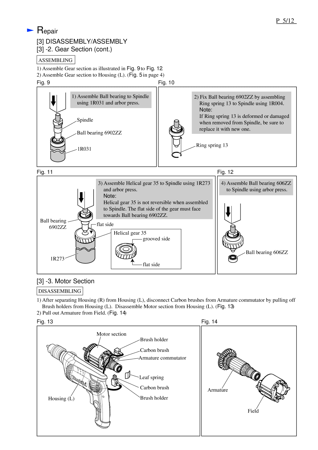 Makita 6412, M611, 6413, 6411 specifications Motor Section 