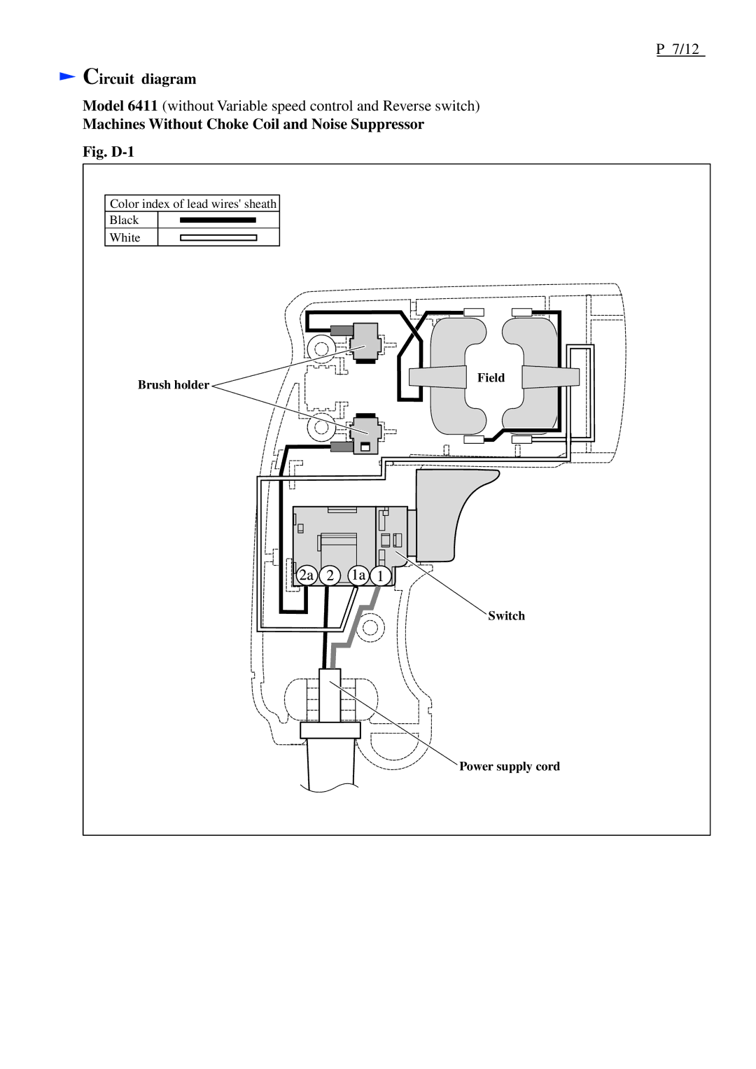 Makita 6411, M611, 6412, 6413 specifications Circuit diagram, Machines Without Choke Coil and Noise Suppressor 