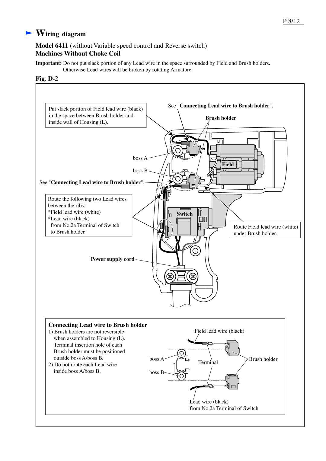 Makita M611, 6412, 6413, 6411 Wiring diagram, Machines Without Choke Coil, See Connecting Lead wire to Brush holder 