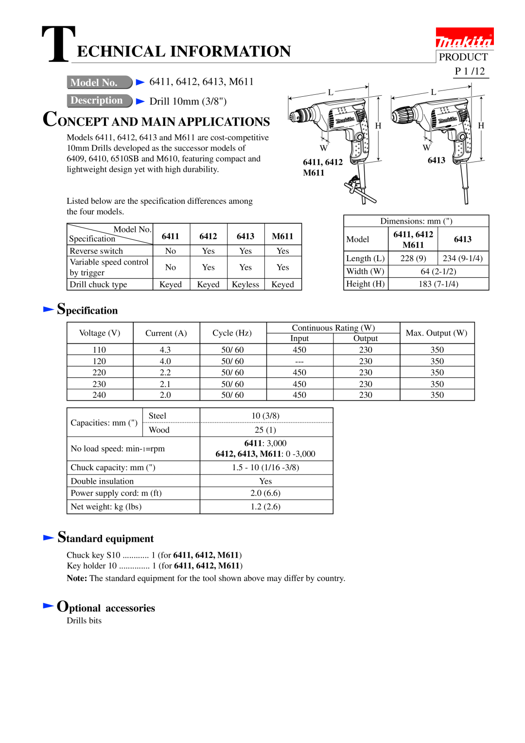 Makita 6412 specifications Product, P 1 /12, Specification, Standard equipment, Optional accessories, 6411, 6413, M611 