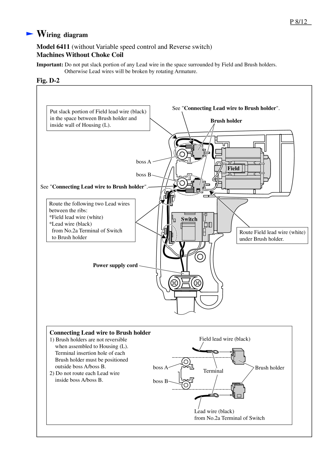 Makita M611 P 8/12, Wiring diagram, Machines Without Choke Coil, Fig. D-2, Connecting Lead wire to Brush holder, Switch 