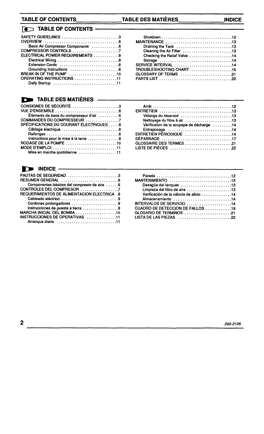 Makita MAC1000 specifications Table of Contents Table DES Matieres Indice 