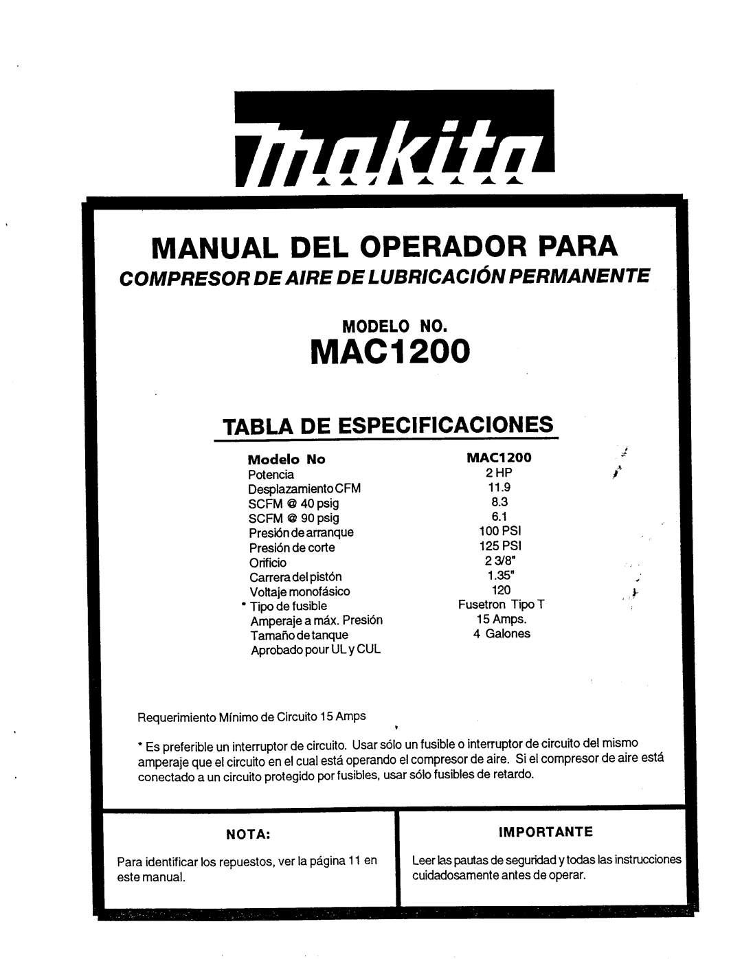 Makita MAC1200 owner manual Tabla DE Especificaciones, Modelo No MAC1, Amps 