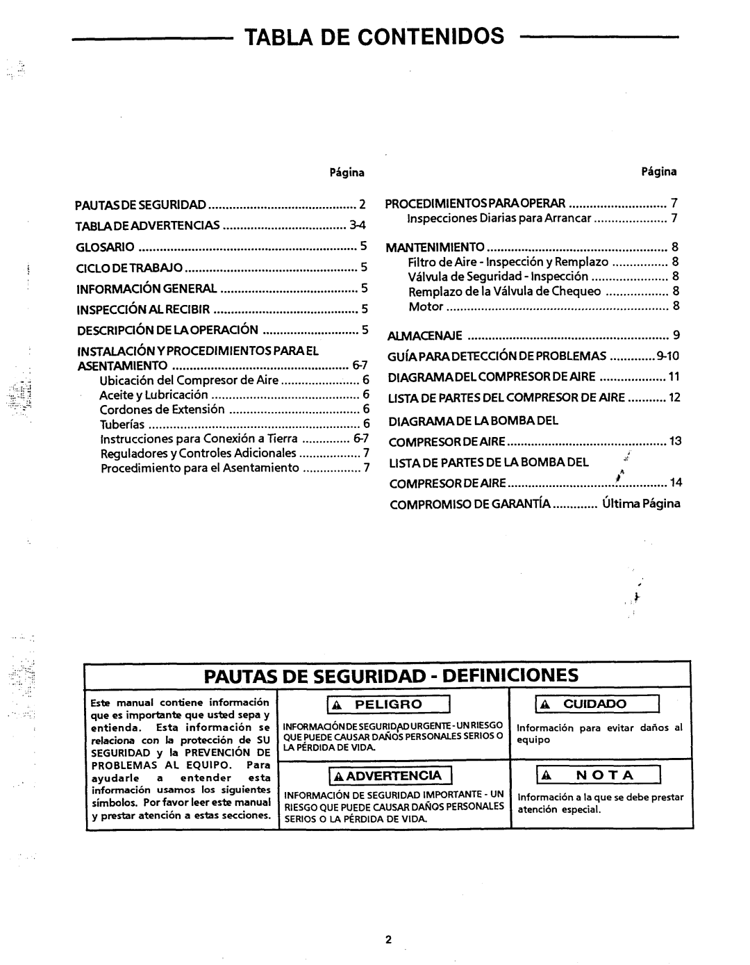 Makita MAC1200 owner manual Tabla DE Contenidos, Peligro, Aadvertencia 