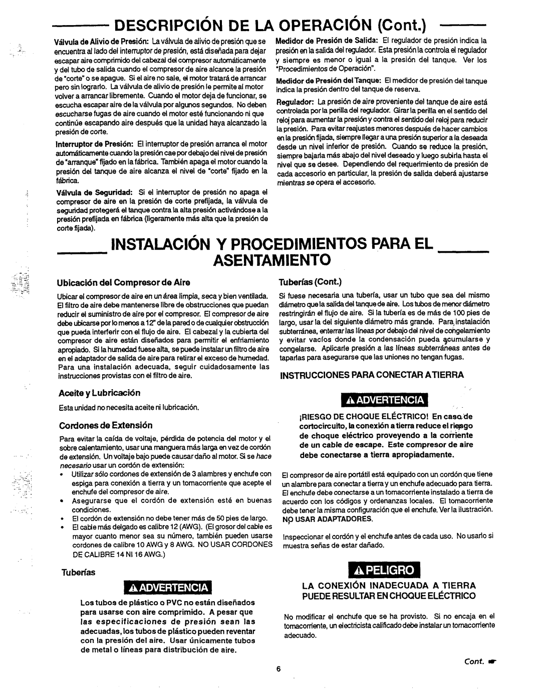 Makita MAC1200 owner manual Instalacion Y Procedimientos Para EL Asentamiento, Instruccionesparaconectar Atierra 