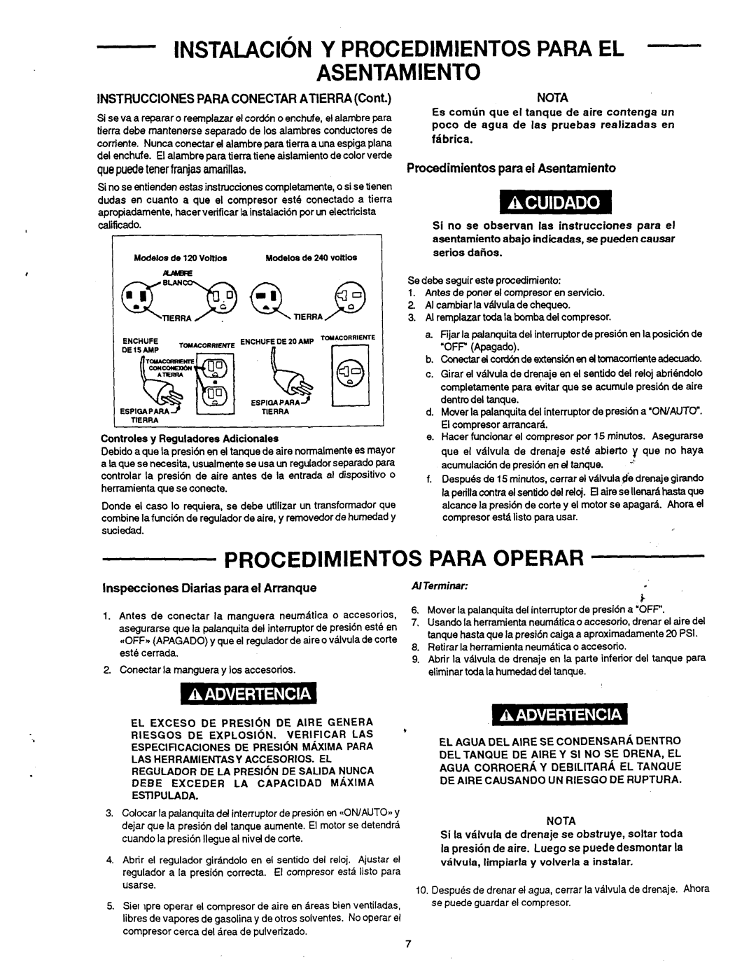 Makita MAC1200 owner manual Instalacion Y Procedimientos Para EL, Procedimientos Para Operar, Nota 