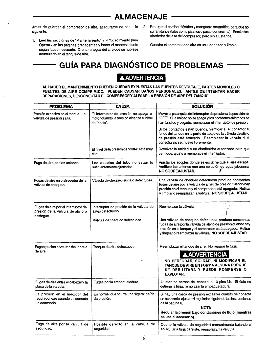 Makita MAC1200 owner manual Almacenaje, Guia Para DIAGNOSTIC0 DE Problemas 