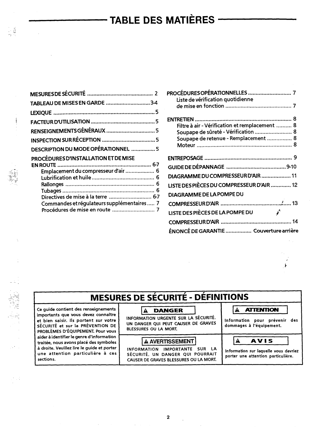 Makita MAC1200 owner manual Table DES Matieres, Mesuresde SECURI~, Listede verification quotidienne, Compresseurdair 