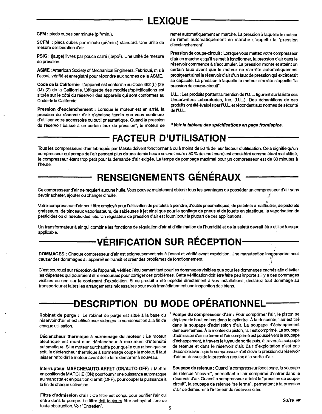 Makita MAC1200 Facteur Dutilisation, Renseignements Generaux, Verification SUR Reception, Description DU Mode Operationnel 