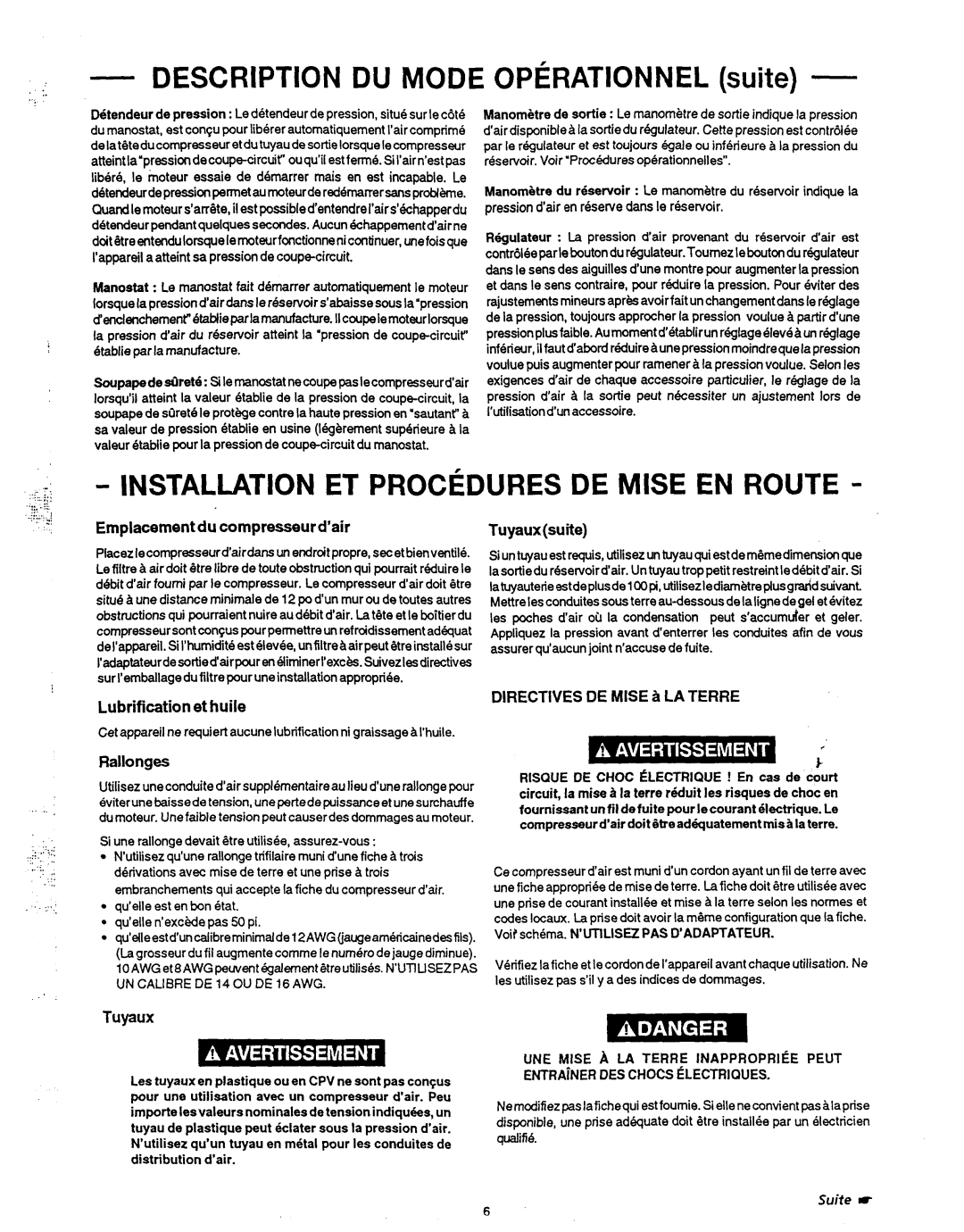 Makita MAC1200 owner manual Installation ET Procedures DE Mise EN Route, Directivesde Mise a LA Terre 