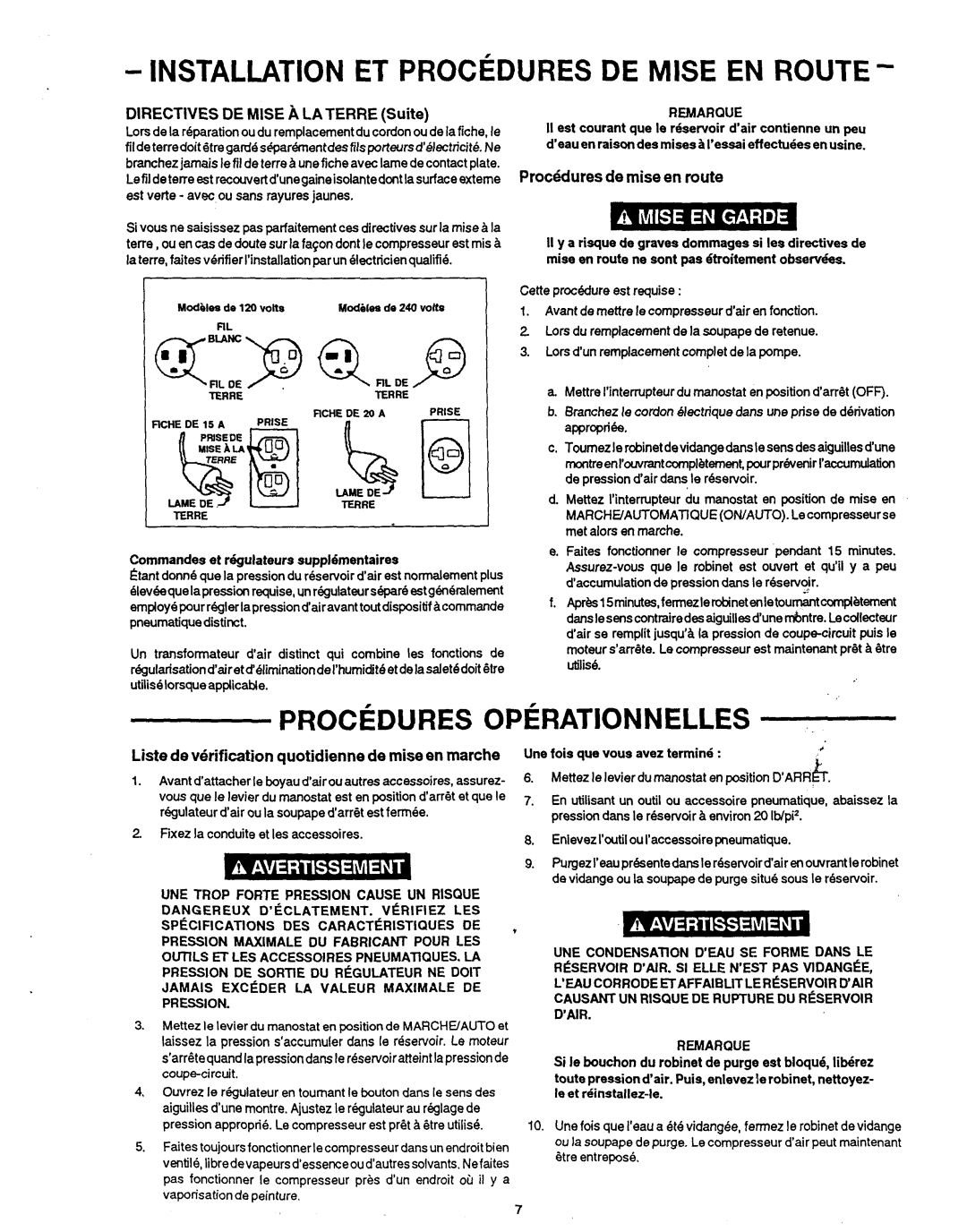 Makita MAC1200 owner manual Proceduresoperationnelles, Directives DE Mise a LA Terre Suite, Proc6duresde mise en route 