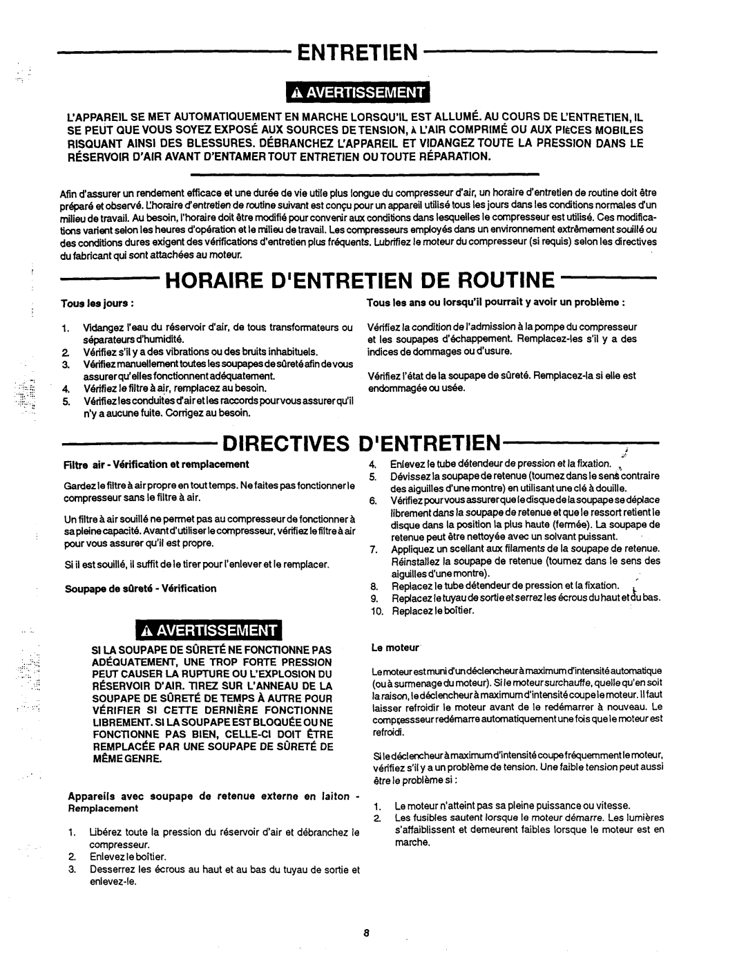 Makita MAC1200 owner manual Horaire Dentretien DE Routine, Directives Dentretien, Remplacceparunesoupapedesoretede 