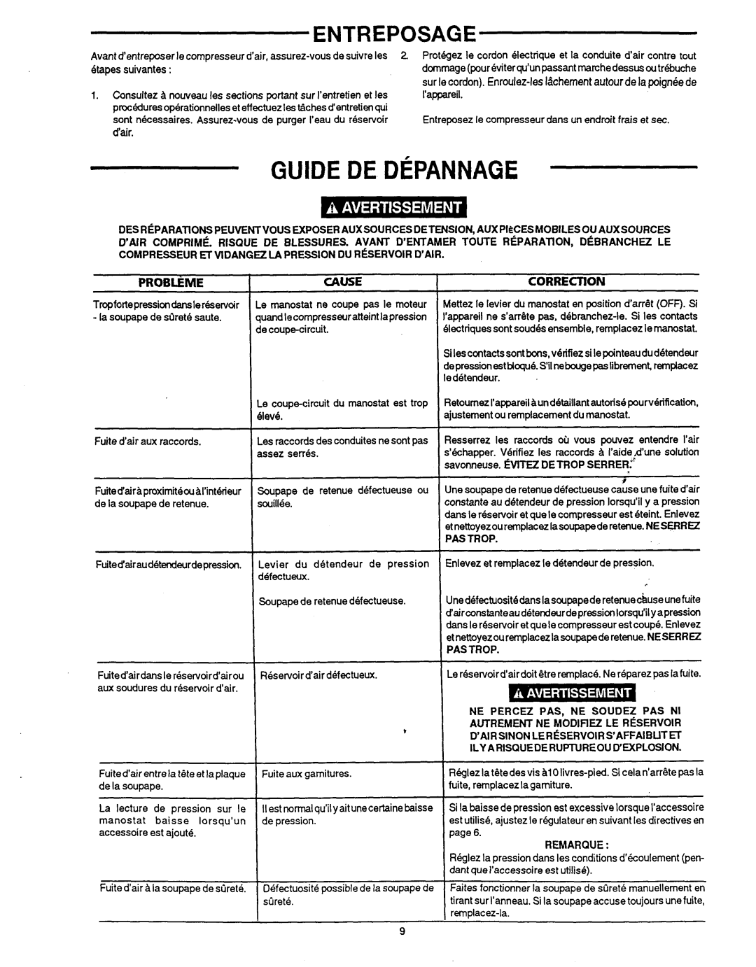 Makita MAC1200 owner manual Entreposage, Problemecause, Pastrop 