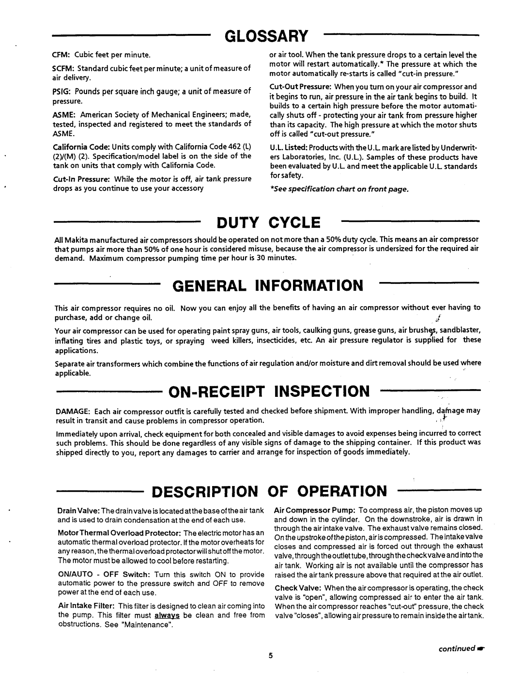 Makita MAC1200 owner manual Duty Cycle, General Information, On-Receipt, Description of Operation 