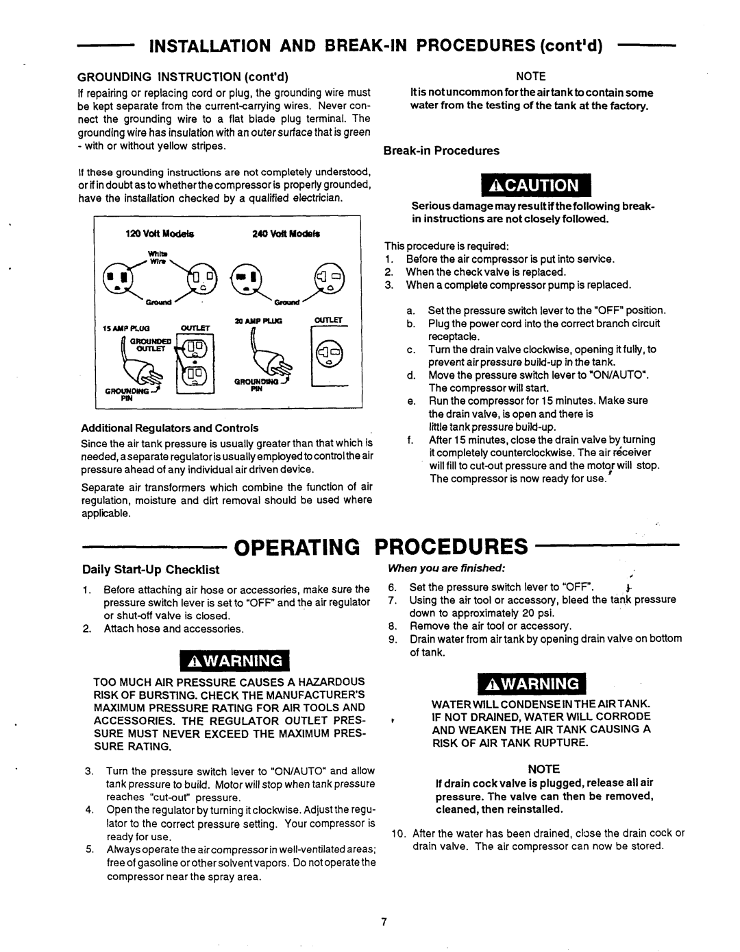 Makita MAC1200 owner manual Operating Procedures, Grounding Instruction contd, With or without yellow stripes 