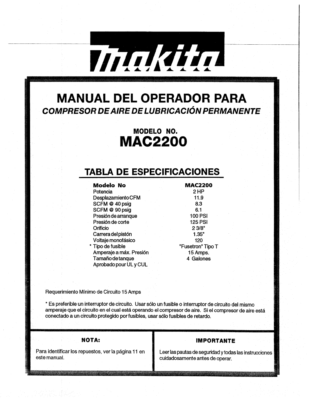 Makita MAC2200 manual 