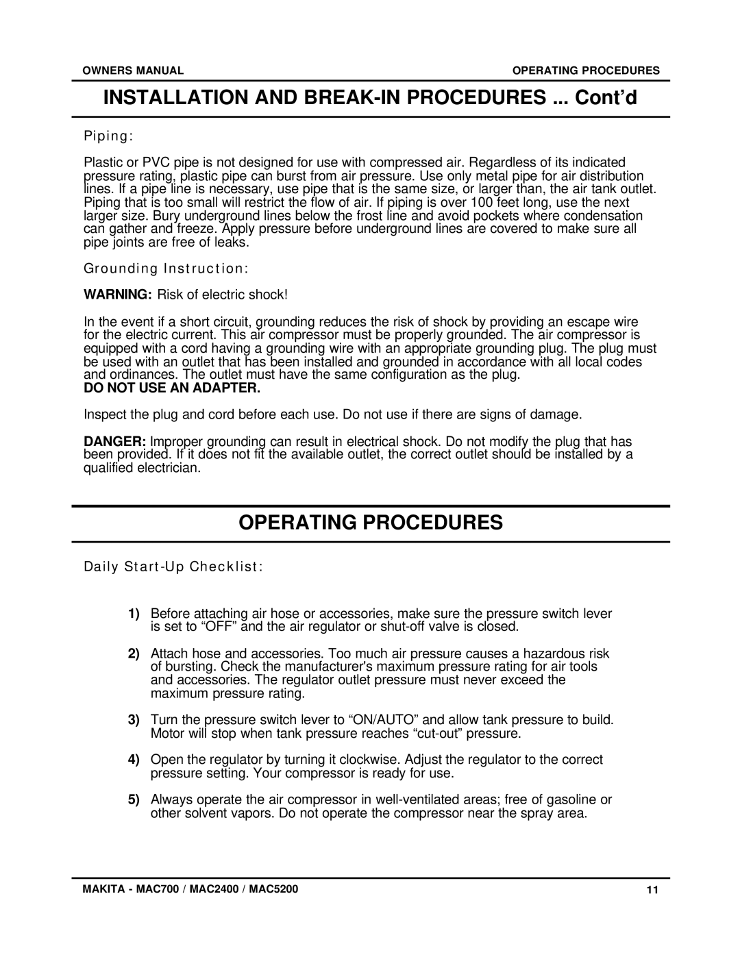 Makita MAC5200 Operating Procedures, Piping, Grounding Instruction, Do not USE AN Adapter, Daily Start-Up Checklist 