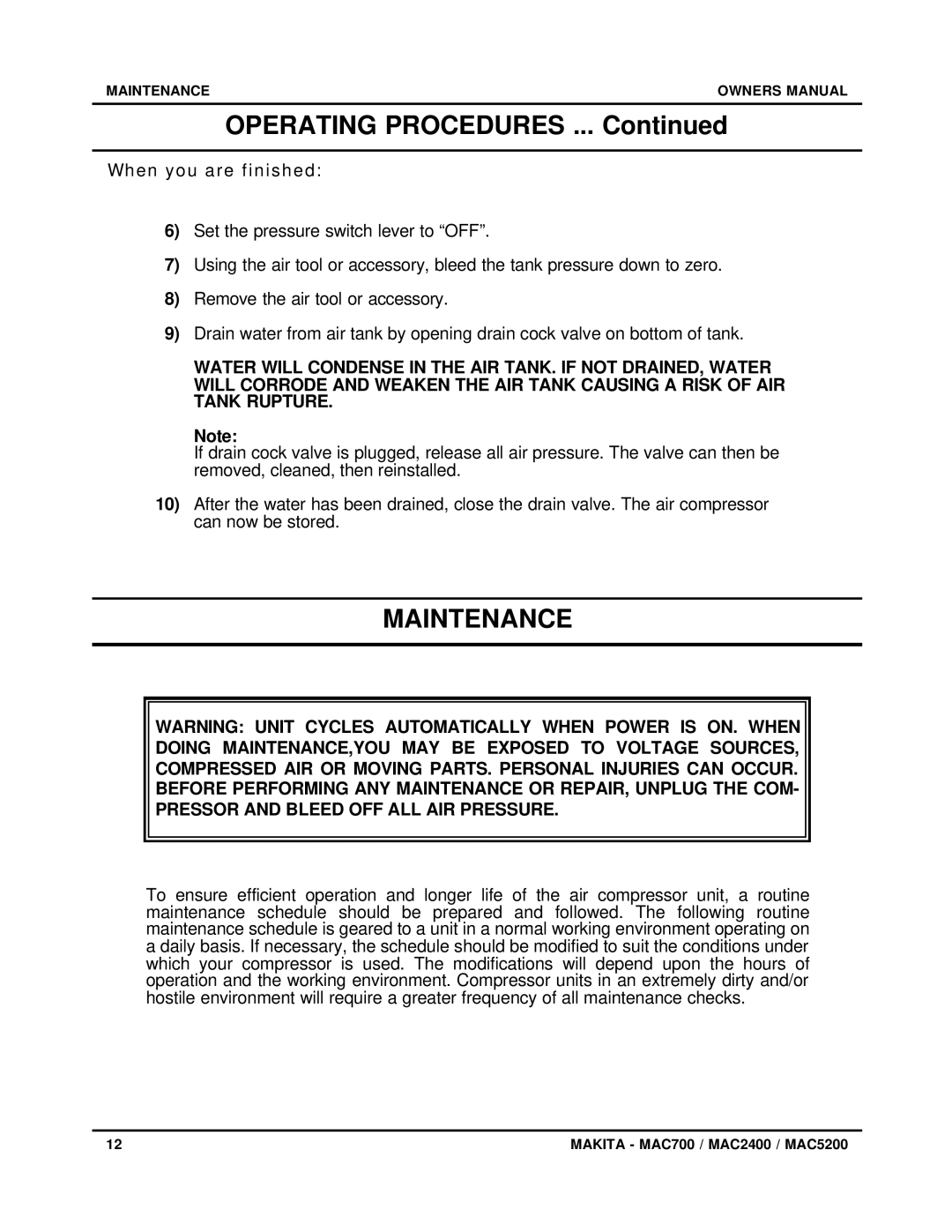 Makita MAC5200 owner manual Operating Procedures, Maintenance, When you are finished 