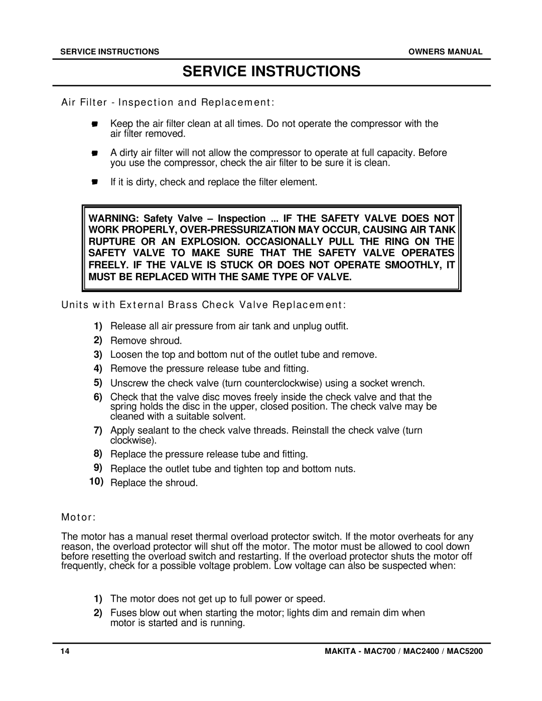 Makita MAC5200 owner manual Service Instructions, Air Filter Inspection and Replacement, Motor 