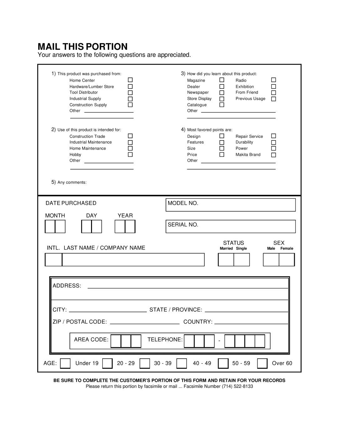 Makita MAC5200 owner manual Mail this Portion, Your answers to the following questions are appreciated 