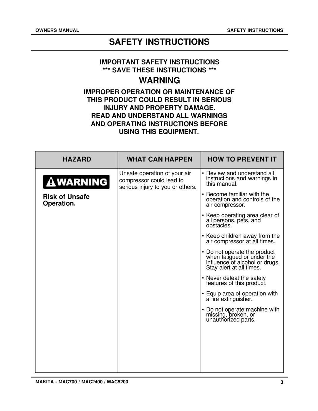 Makita MAC5200 owner manual Safety Instructions, Risk of Unsafe, Operation 