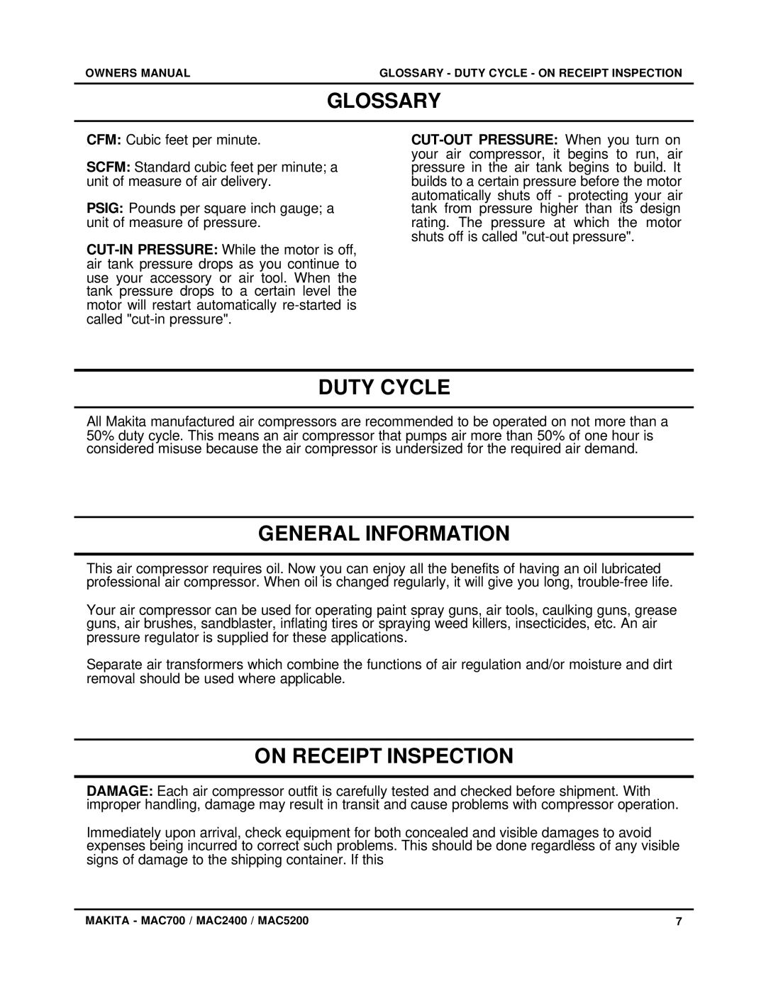 Makita MAC5200 Glossary, Duty Cycle, General Information, On Receipt Inspection, CUT-OUT Pressure When you turn on 