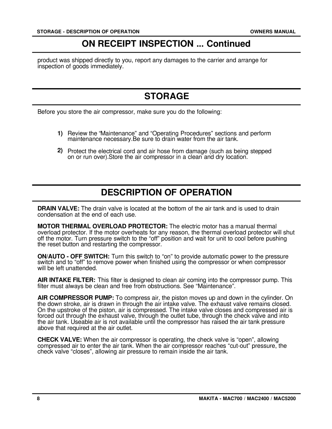 Makita MAC5200 owner manual On Receipt Inspection, Storage, Description of Operation 