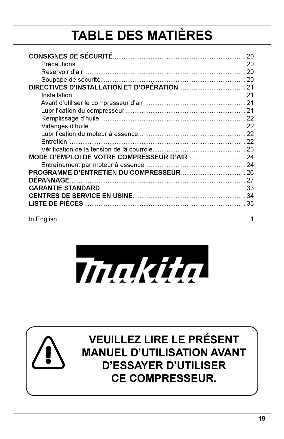 Makita MAC5500G operating instructions Table DES Matières, Directives d’installation et D’opÉration 