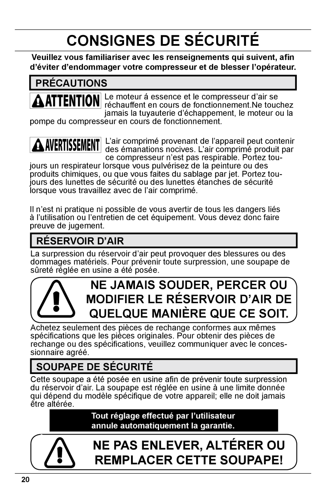 Makita MAC5500G operating instructions Consignes DE Sécurité, Précautions, Réservoir D’AIR, Soupape DE Sécurité 