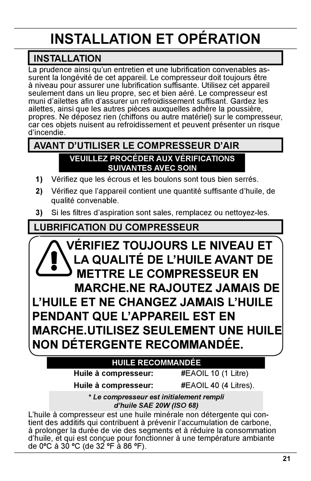 Makita MAC5500G Installation ET Opération, Avant D’UTILISER LE Compresseur D’AIR, Lubrification DU Compresseur 