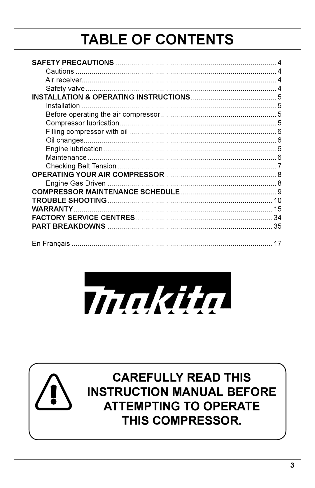 Makita MAC5500G operating instructions Table of Contents 