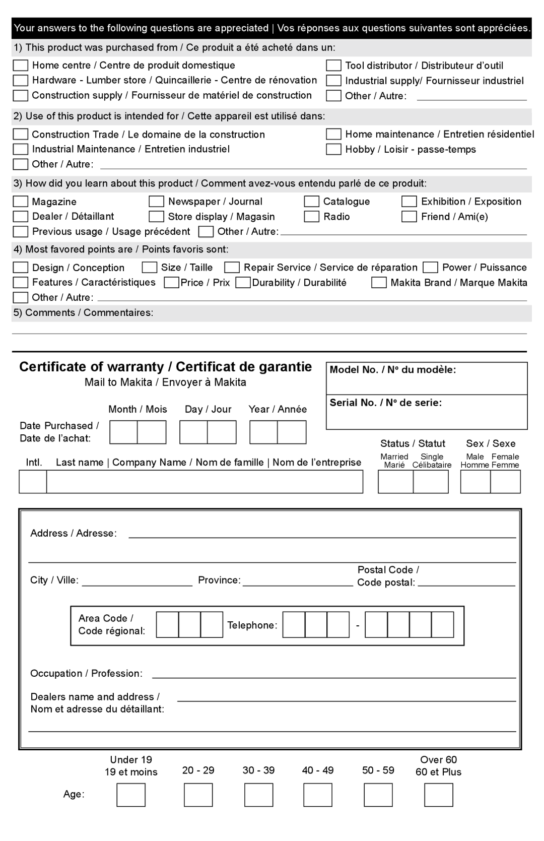 Makita MAC5500G operating instructions Certificate of warranty / Certificat de garantie 