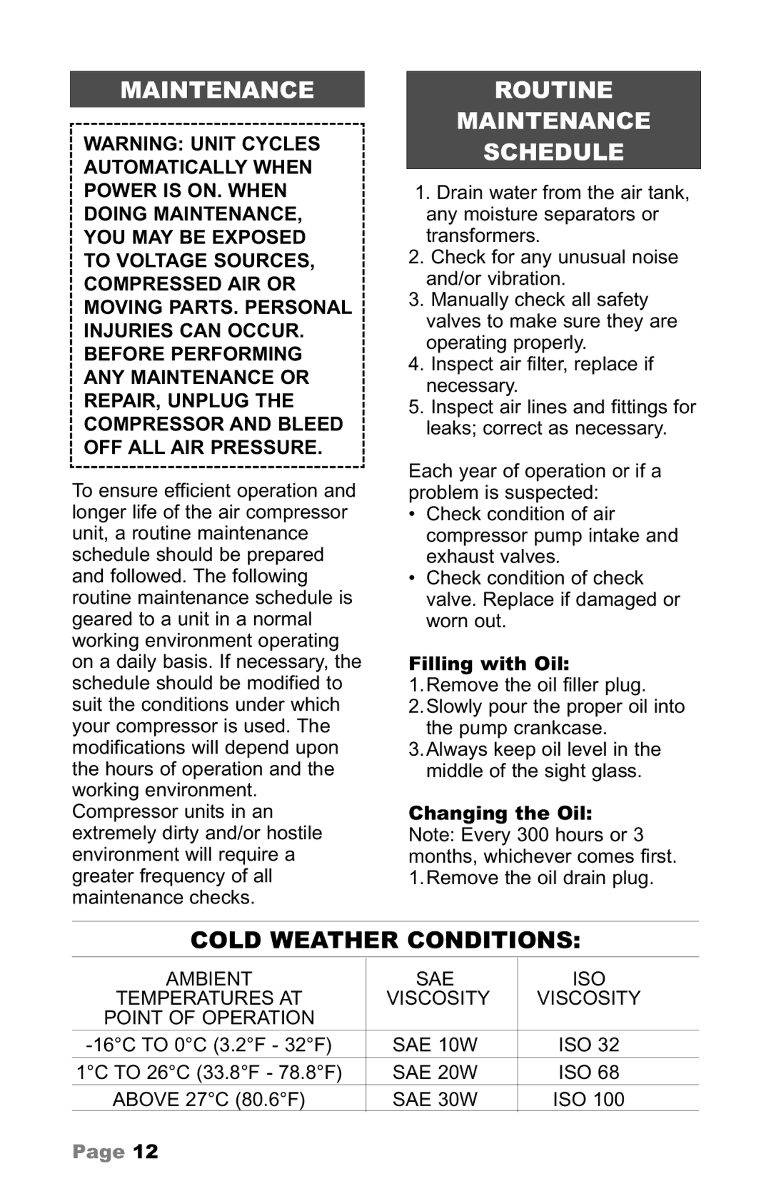 Makita MAC700 owner manual Routine Maintenance Schedule, Cold Weather Conditions, Filling with Oil 