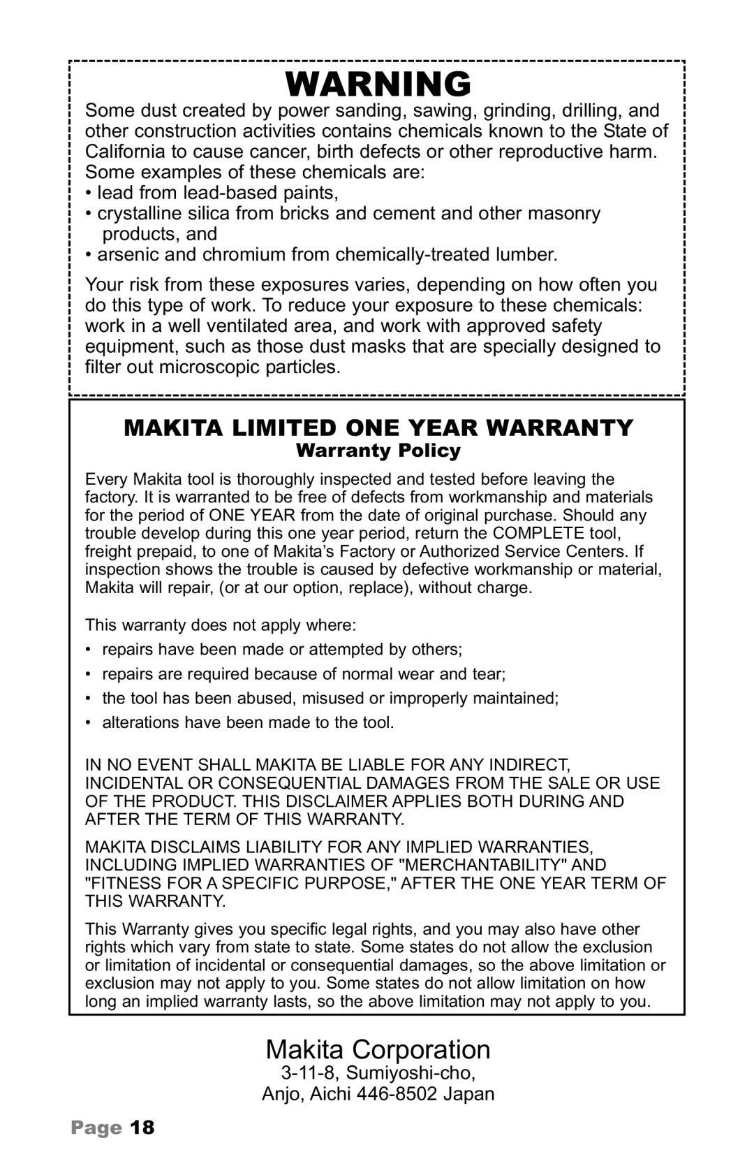 Makita MAC700 owner manual Makita Limited ONE Year Warranty, Warranty Policy 