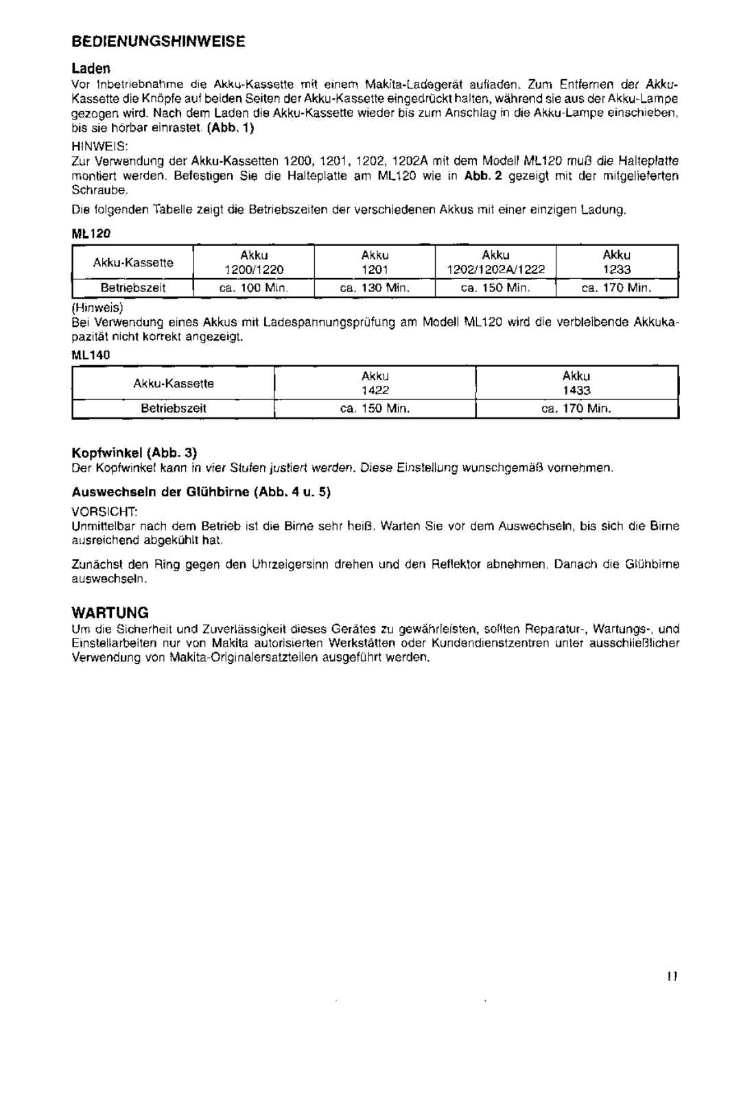 Makita ML120 manual Bedienungshinweise, Wartung 