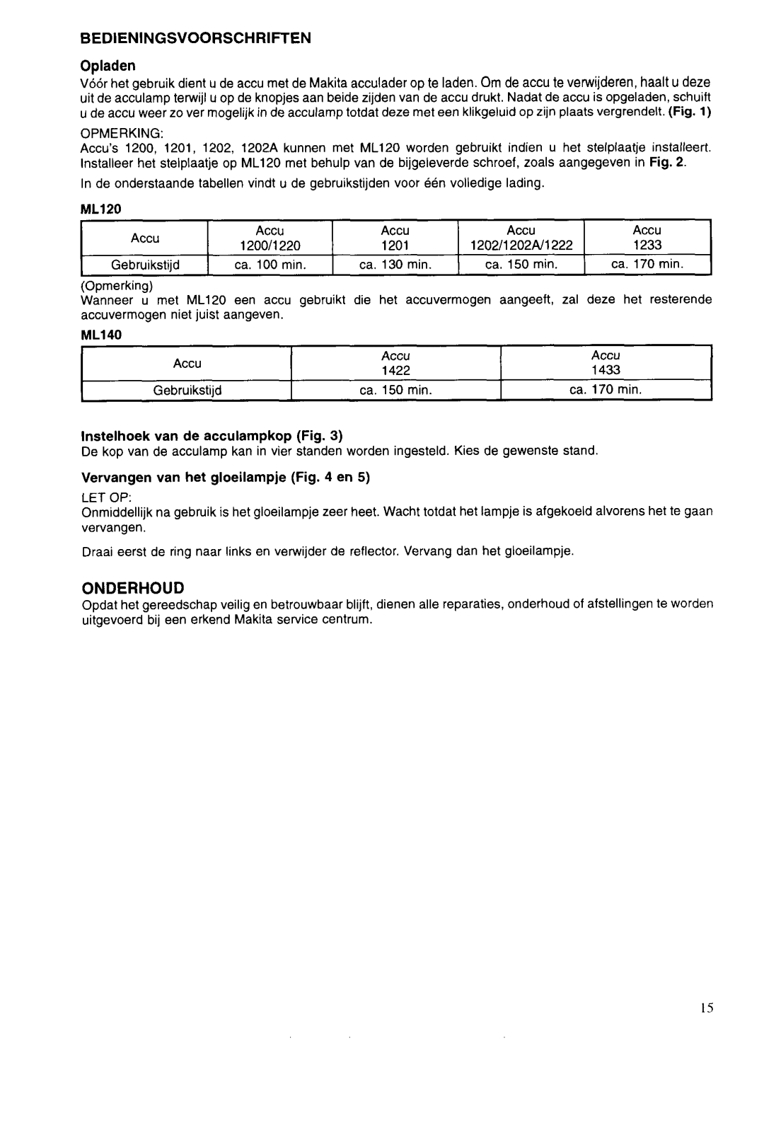 Makita ML120 manual Onderhoud, Bedieningsvoorschriften, Lnstelhoek van de acculampkop Fig, Vervangen van het gloeilampje en 