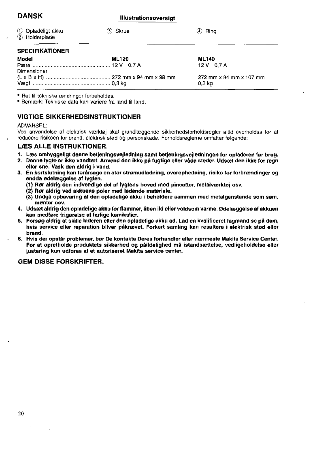 Makita ML120 VlGTlGE Sikkerhedsinstruktioner, LRS Alle Instruktioner, GEM Disse Forskrifter, Specifikationer, 3kg 03 kg 