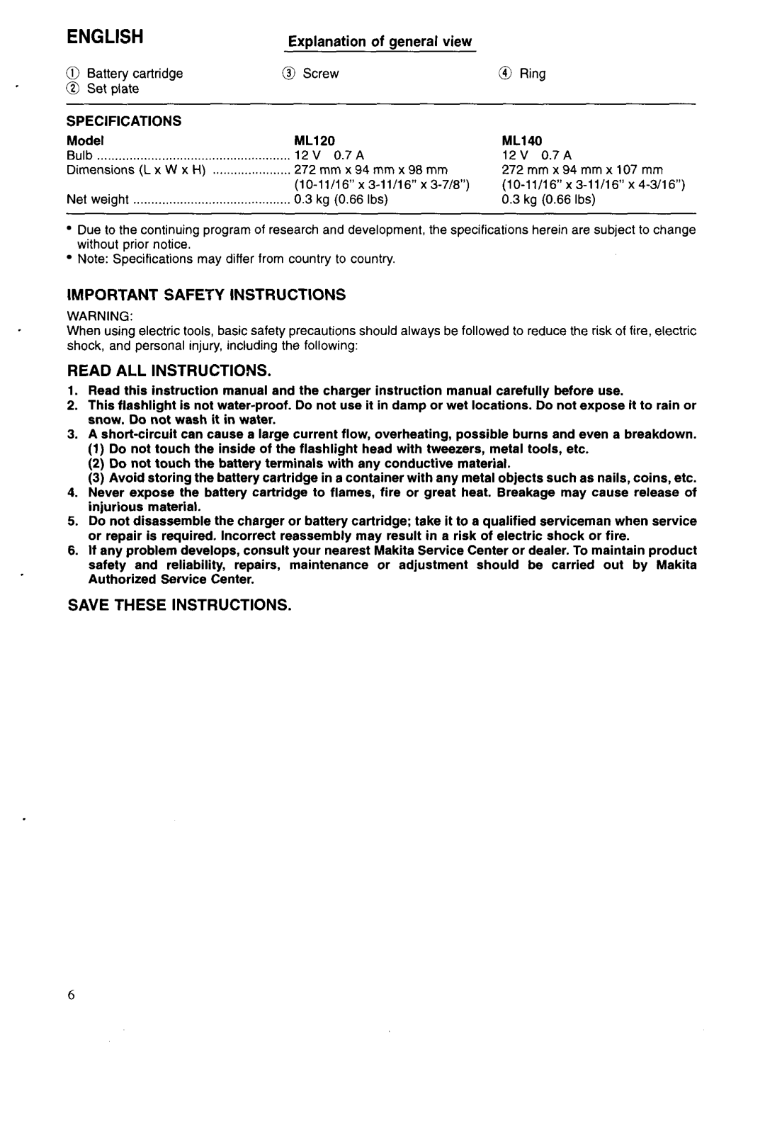 Makita ML120 manual Important Safety Instructions, Read ALL Instructions, Specifications 