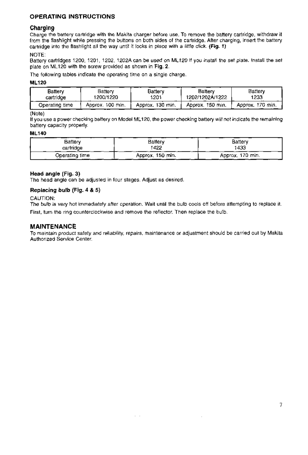 Makita ML120 manual Maintenance, Operating Instructions, 1200/1220 