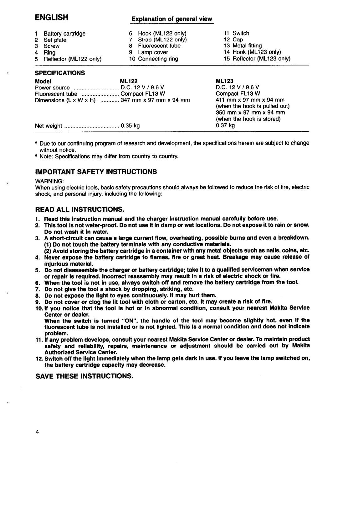 Makita ML122 manual Fluorescent tube, Important Safety Instructions, Read ALL Instructions, Exdanation of general view 