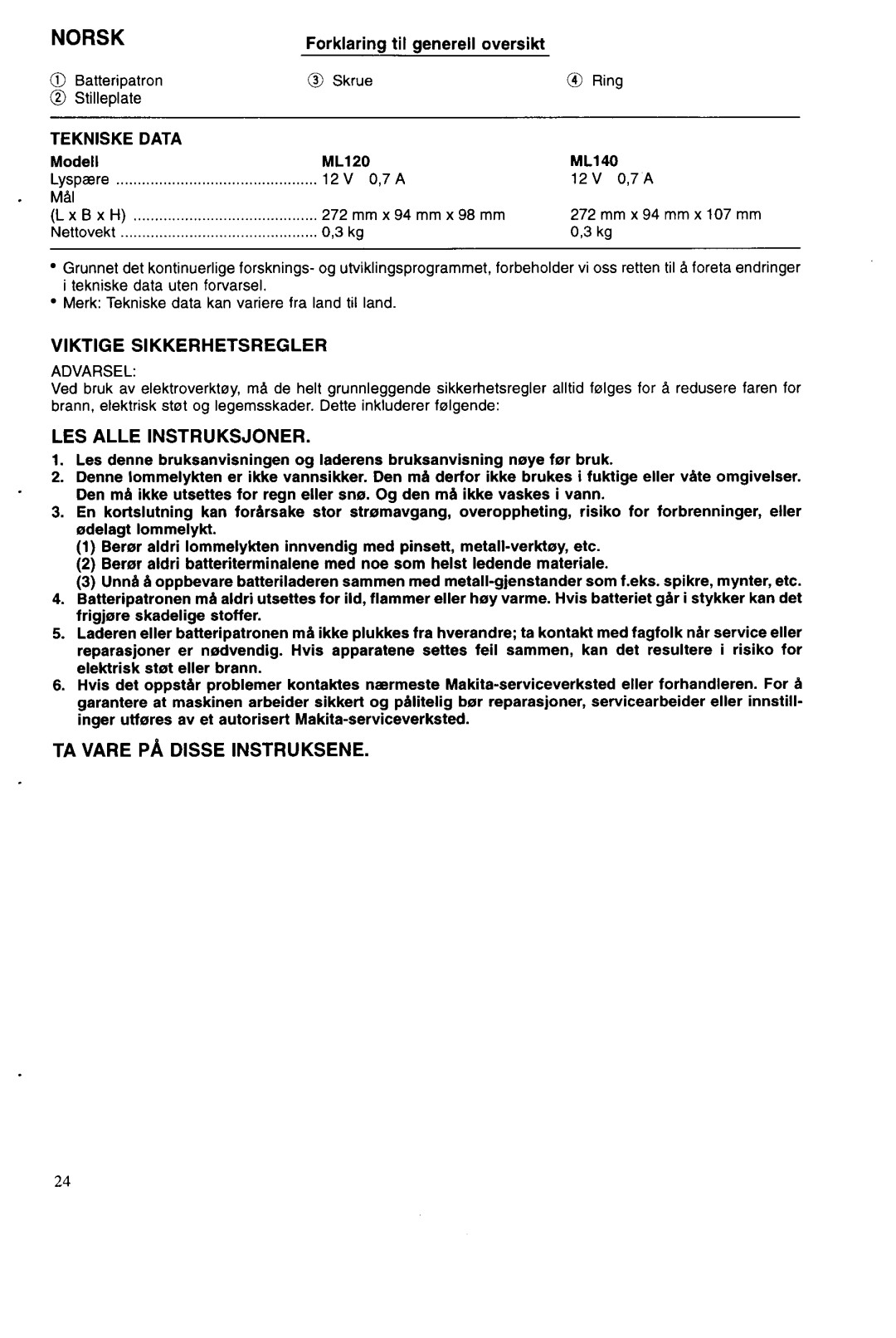 Makita ML140, ML120 manual VlKTlGE Sikkerhetsregler, LES Alle Instruksjoner, TA Vare PA DlSSE Instruksene, Tekniske Data 