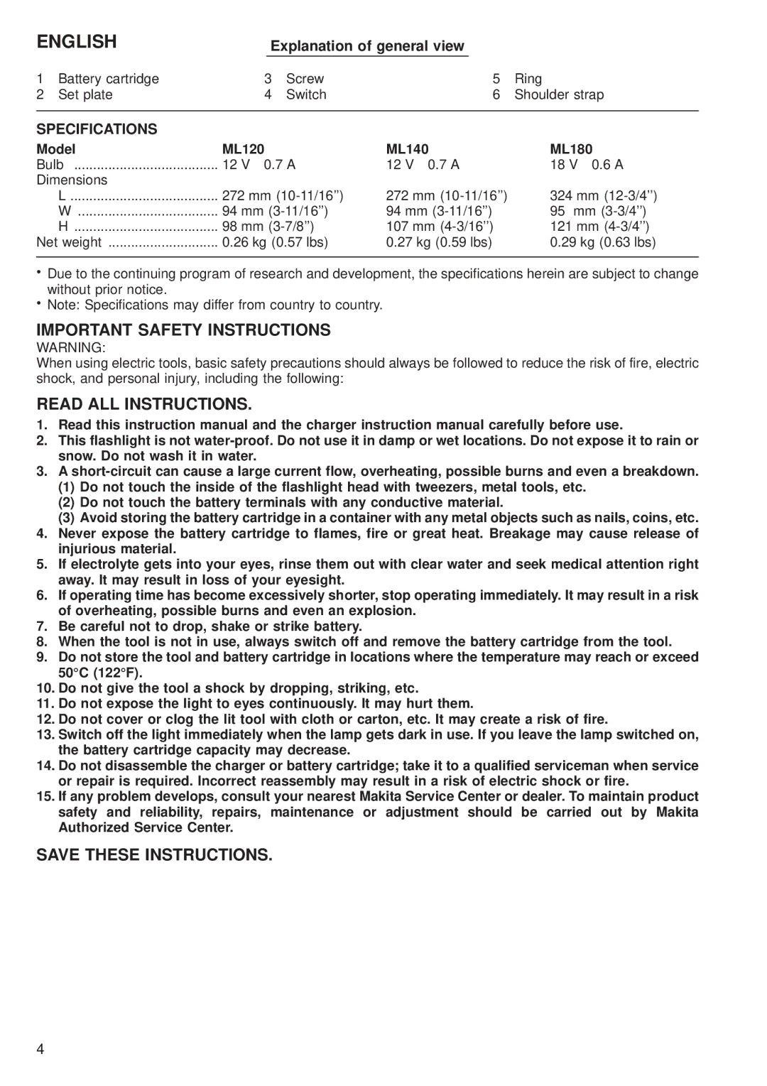 Makita manual Important Safety Instructions, Read ALL Instructions, Explanation of general view, Model ML120 ML140 ML180 