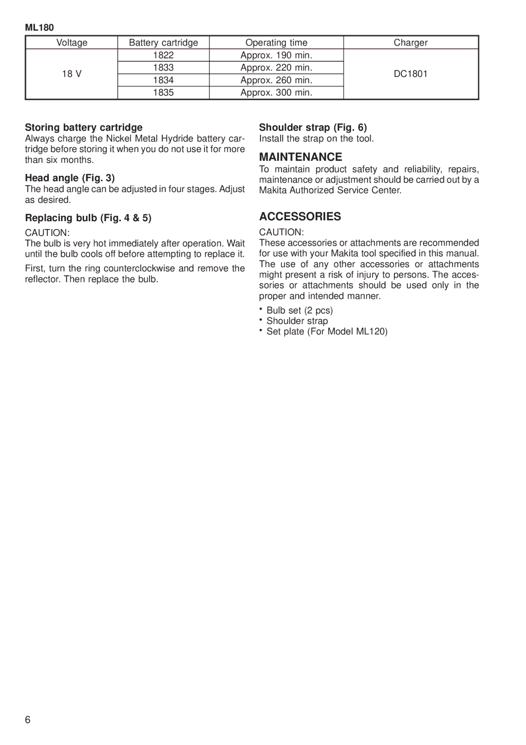 Makita ML180 manual Maintenance, Accessories 